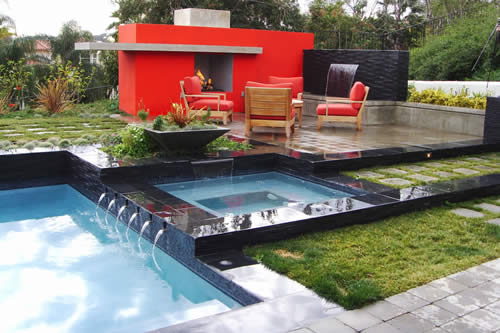 © Scott Cohen - Contemporary clean lines pool design with outdoor fireplace
